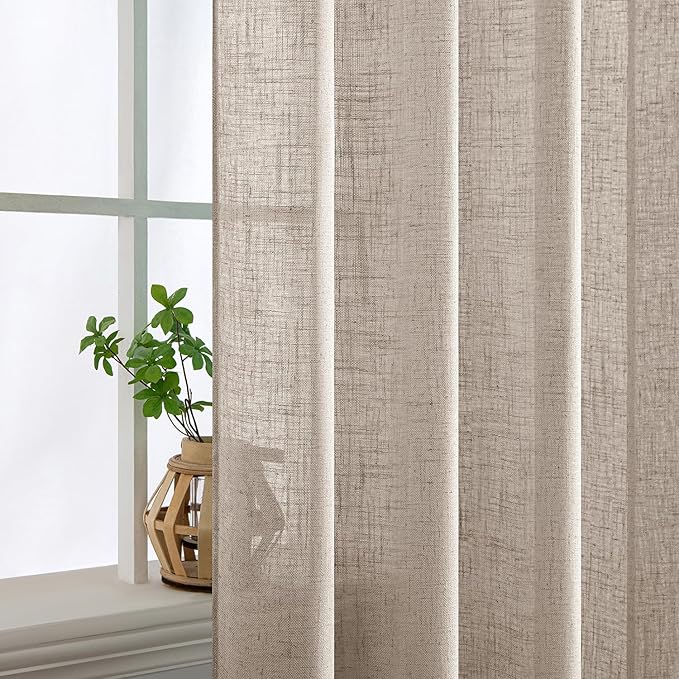MIULEE Natural Linen Curtains 108 Inches Long 2 Panels for Bedroom Living Room, Soft Linen Textured Window Drapes Semi Sheer Light Filtering Back Tab Rod Pocket Farmhouse Modern Burlap Look Decor