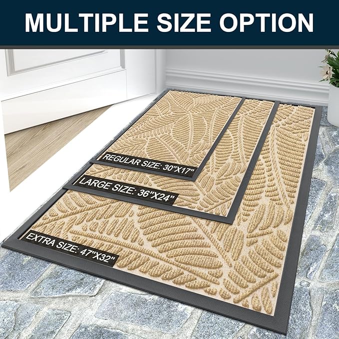 Colorxy Waterproof Doormat, Sturdy Natural Rubber Front Indoor Mat, Non Slip Low Profile Indoor Outdoor Door Mats, Stain and Fade Resistant Floor Mat, Easy Clean Patio Entrance Mat, 59''x20'', Beige