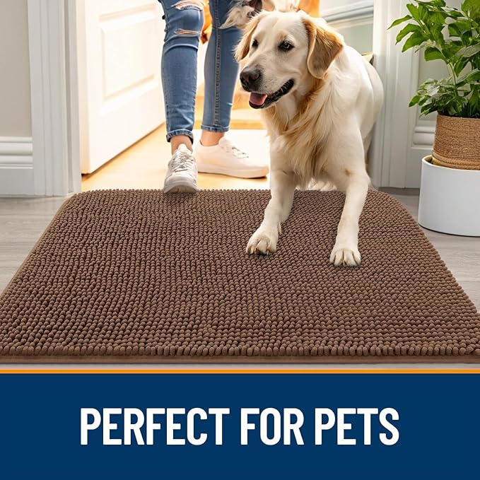 OLANLY Dog Door Mat for Muddy Paws 40x24, Absorbs Moisture and Dirt, Absorbent Non-Slip Washable Doormat, Quick Dry Chenille Mud Mat for Dogs, Entry Indoor Entryway Carpet for Inside Floor, Mocha