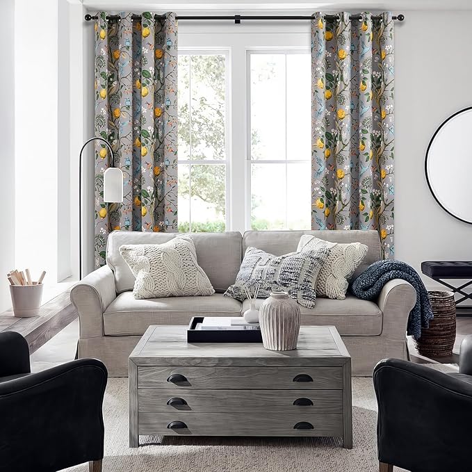 Topfinel Black Dark Floral Grey Blackout Curtains, Gray Decorative French Country Grommet Dark Academia Antique Decor Hummingbird Window Covering for Living Room Bedroom Dining,84 Inch Length