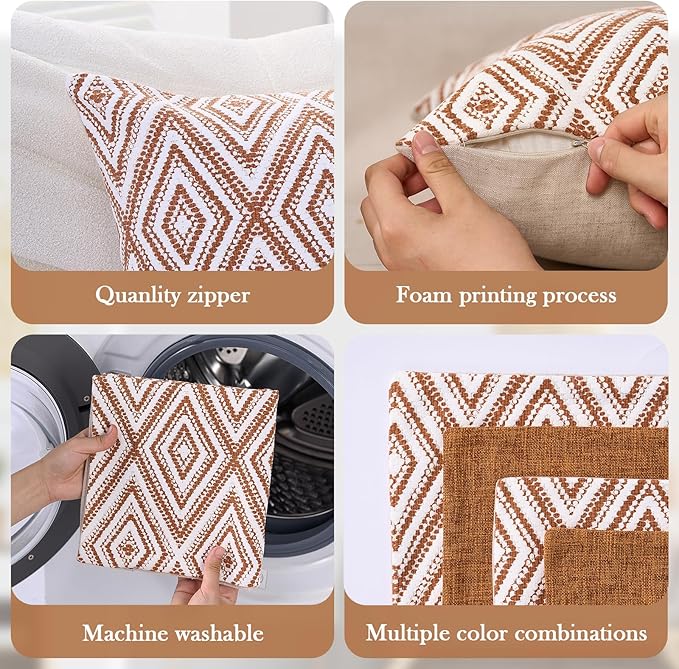 HPUK Decorative Throw Pillow Covers Set of 4 Geometric Design Linen Cushion Cover for Couch Sofa Living Room, 20"x20" inches, Golden Brown