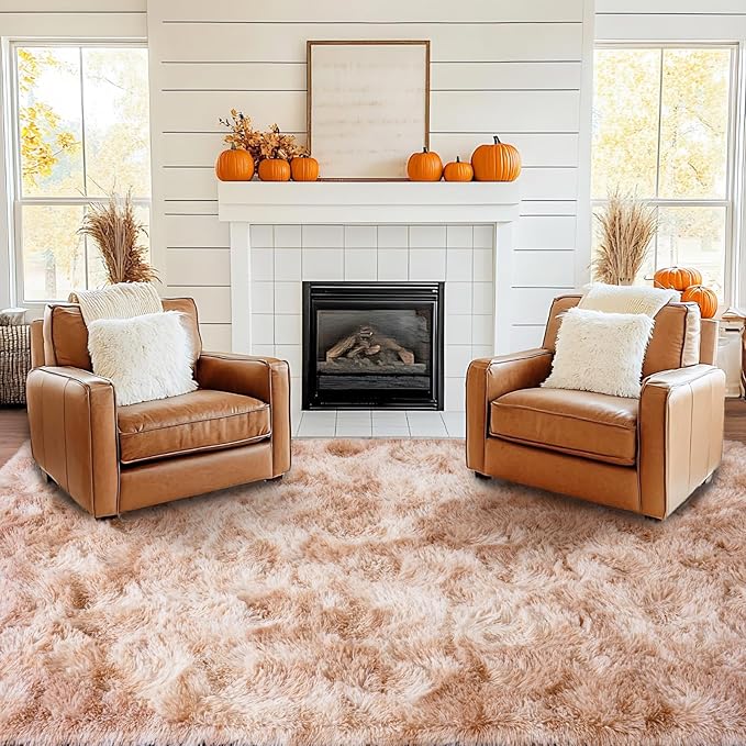 Pionblank 8x10 Rug for Living Room, Fuzzy Plush Large Area Rug, Fluffy Modern Shag Non Slip Soft Furry Carpet for Bedroom Kids Room Nursery Teens Dorm Home Decor, Tie-Dyed Beige