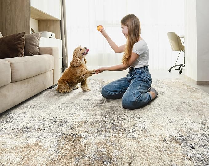 UERMEI 5x7 Area Rug Living Room Rugs - Washable Neutral Modern Abstract Soft Thin Large Rug Indoor Floor No Slip Rug Carpet for Bedroom Under Dining Table Home Office Decor - Golden Grey