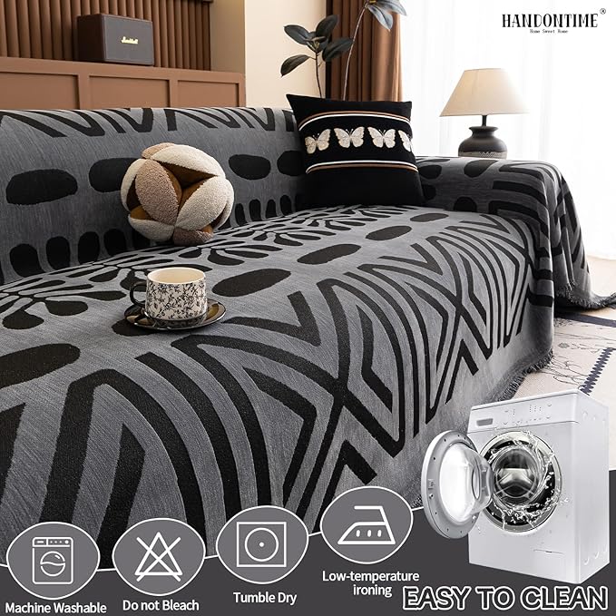 HANDONTIME Boho Couch Cover Blanket Geometric Striped Pet Covers for Couches and Sofas Dark Grey and Black Dog Cover for Couch Pet Friendly Chenille Sectional Sofa Covers for Pets Washable, 71" X134"