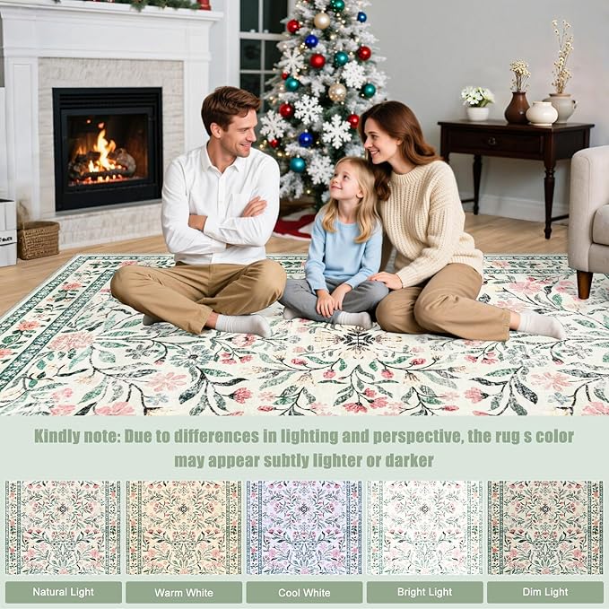 Round Area Rug for Living Room: 6 ft Floral Washable Circle Rug Soft Non-Slip Carpet Indoor Stain Resistant Low Pile Small Circular Rug for Bedroom Entryway Kitchen Nursery Home Office Green Beige