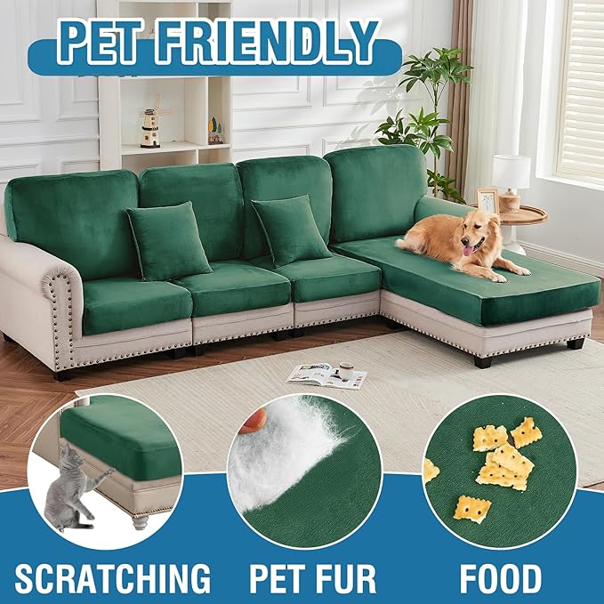 Couch Cover 4-Piece Elastic Velvet Couch Cushion Covers & Chaise Slipcovers for L-Shaped Sofas, Sofa Seat Covers Washable, Soft Cover for Couches (3 Seater + Chaise, Christmas Green)