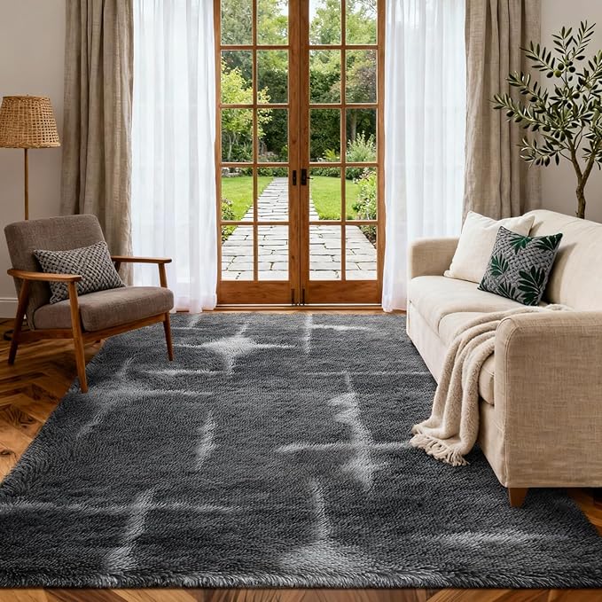 Area Rugs for Living Room, 5x7 Feet Soft Fluffy Shagg Plush Rug High Pile Non-Slip Floor Carpet for Bedroom Nursery Kids Home Dorm Decor Grey Star
