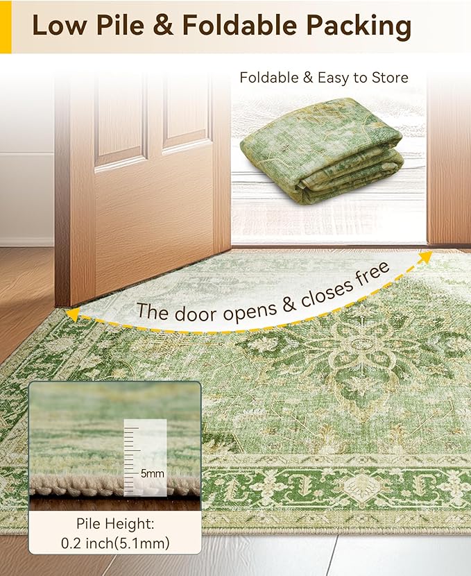 Area Rugs 2'x10' Runner Rug Non Slip Washable for Kitchen Hallway Bedroom Beside Laundry Room Bathroom Rug, Floor Carpet, Sage Green Yellow