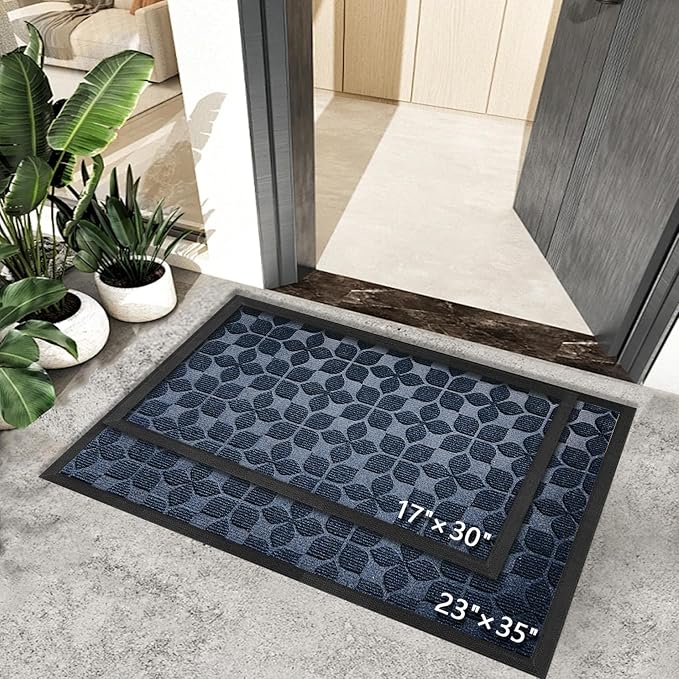 Bulijojo Sturdy Front Entrance Doormats,Durable Heavy Duty Welcome Mat,Thick Absorbent Natural Rubber Non Slip Mat,Easy Clean Entryway Mat Geometric Blue 23"x35"