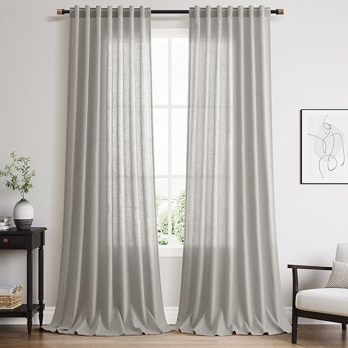 Nanspring Light Gray Linen Curtains 96 Inches Long for Living Room Light Filtering Semi Sheer Curtain Back Tab Rod Pocket Textured Luxury Grey Simple Modern Drapes for Bedroom 52x96, 2 Panels