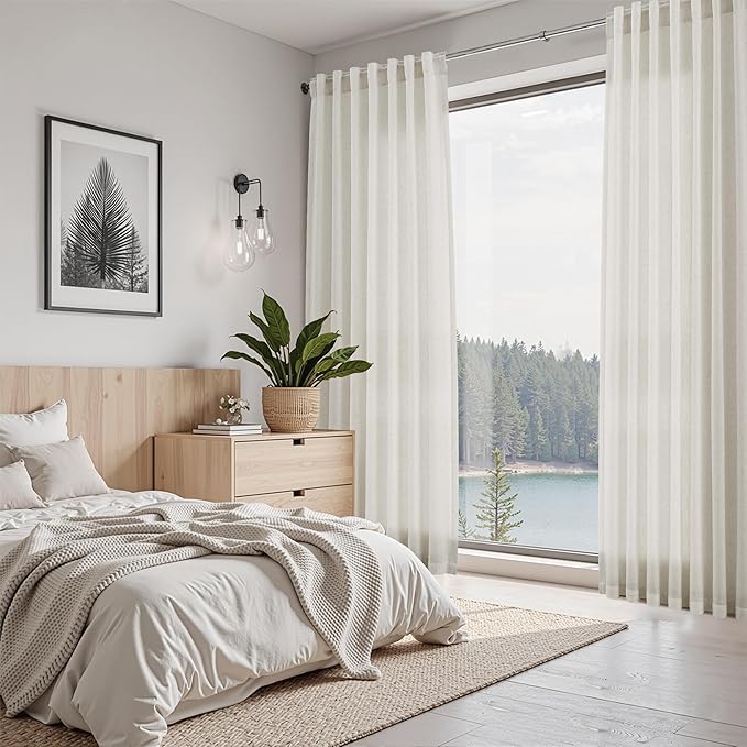 Nanspring Mousse White Linen Curtains 63 Inch Length for Living Room Luxury Light Filtering Semi Sheer Curtain Back Tab Simple Modern Elegant Coastal Decor Drapes for Bedroom Office 52x63, 2 Panels