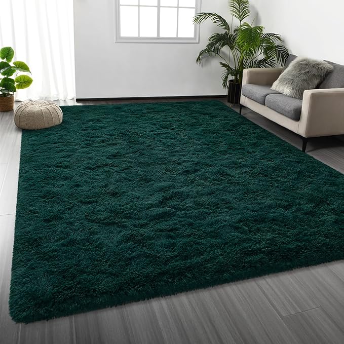Deerhoo Large Shag Area Rugs 6 x 9, Plush Fuzzy Rugs for Living Room, Ultra Soft Fluffy Furry Rug for Bedroom, Indoor Carpet Nursery Rugs for Kids Room Home Decor, Dark Green