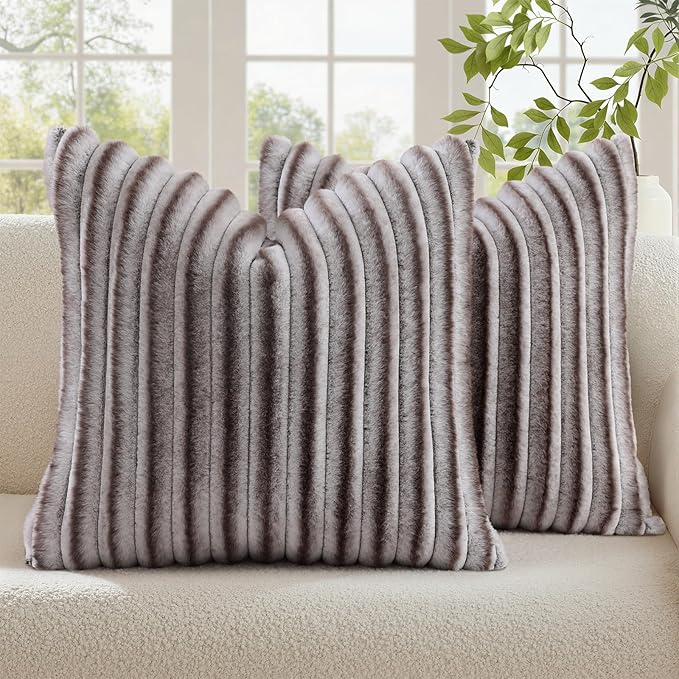 decorUhome Cozy Faux Fur Throw Pillow Covers 16x16 Set of 2 Decorative Soft Plush Striped Modern Farmhouse Boho Couch Pillow Cases with Velvet Back for Sofa Bed Living Room, Brown White