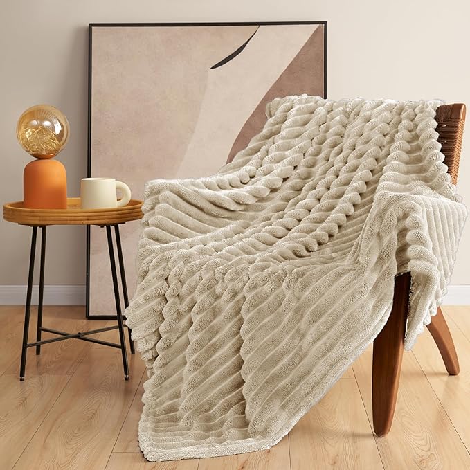 HIMEET Linen Ribbed Queen Size Blanket for Bed - 300GSM Lightweight Fleece Blanket for Men Women, Large Cozy Sofa Couch Cover Bed Blankets Gifts, Striped Spring Home Room Decor, Linen, 90x90 Inches