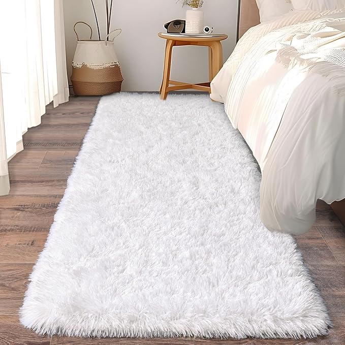 Soft Runner Rugs for Bedroom Hallways, 2x6 White Fluffy Shag Throw Area Rug Non Slip for Bedside Dorm, Long Shaggy Furry Carpet for Nursery Living Room