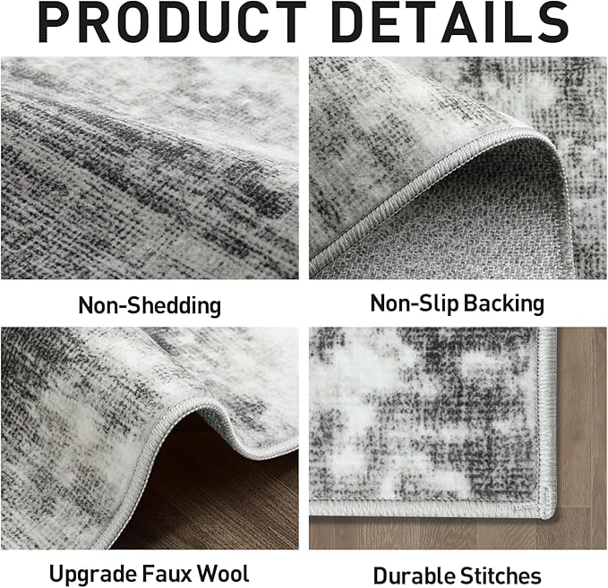 4x6 Area Rugs Washable Rug: Modern Abstract Living Room Rug Soft Anti-Skid Thin Carpet Indoor Floor Non-Shedding Carpets for Bedroom Dining Room Farmhouse Nursery Home Office - Black Grey