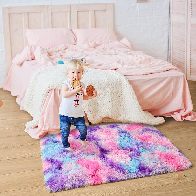 Tepook Soft Rainbow Rug for Girls Room, Cute Fluffy Girls Bedroom Rugs, 2x3 Feet Shaggy Princess Rug Colorful Carpet for Kids Teens Toddler Playroom Nursery Reading Nook, Hot Pink