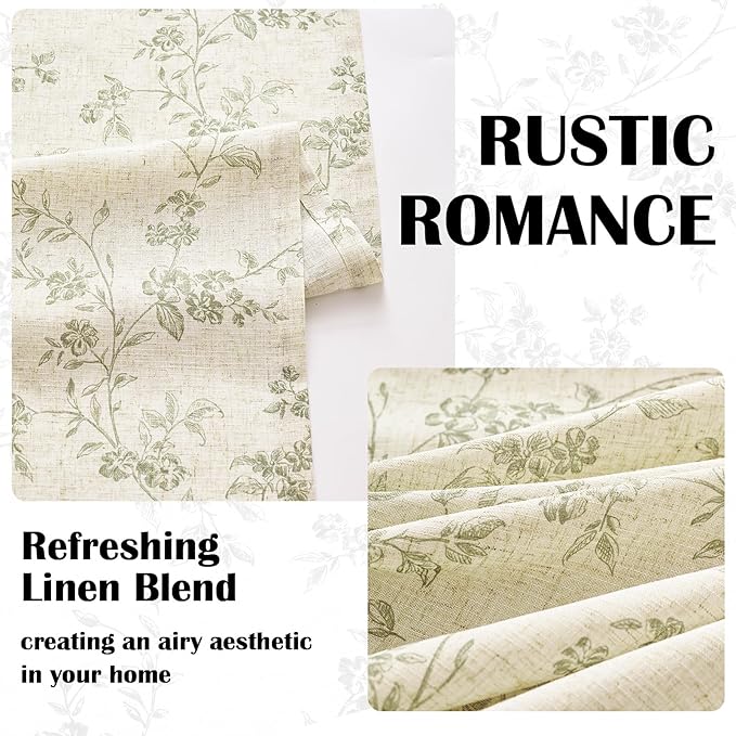 Lazzzy Linen Farmhouse Curtains Green Floral Curtains 63 Inch Length Back Tab Drapes for Living Room Bedroom Light Filtering Country Vintage Rod Pocket Curtain, 2 Panels, Green on Beige
