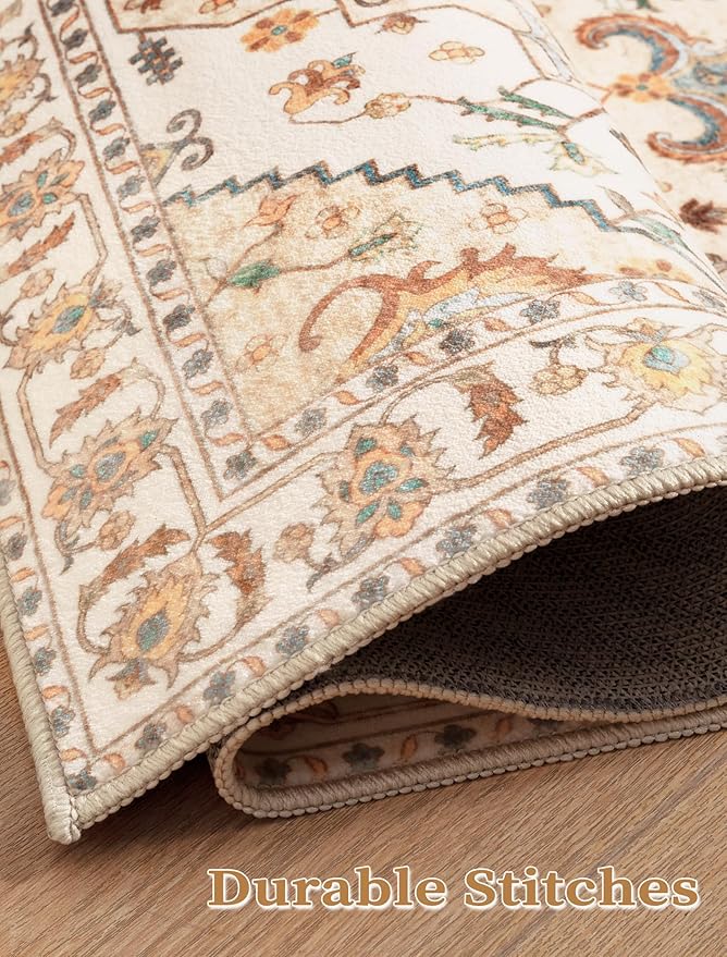 SERISSA Boho Washable Runner Rug, 2x6 Rug Runner Non-Slip Vintage Light Yellow Hallway Kitchen Runner Rug Ultra Soft Print Distressed Floor Carpet Runner for Bedroom Bathroom Laundry Living Room