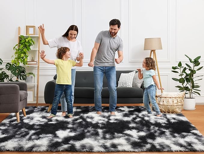 ONASAR Black and White Rugs for Bedroom Living Room, Fluffy 4x6 Indoor Bedside Floor Throw Area Rug, Soft Plush Shaggy Carpet for Nursery Kids Girls Boys Teen Dorm Home Decor Aesthetic