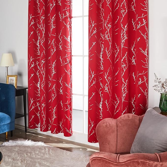 Deconovo Christmas Red Curtains, Blackout Drapes, Soundproof Curtain, Silver Print, 42 x 63 Inch Long, 2 Panels, Machine Washable Window Panel for Living Room Bedroom Festival Party Decoration Kitchen