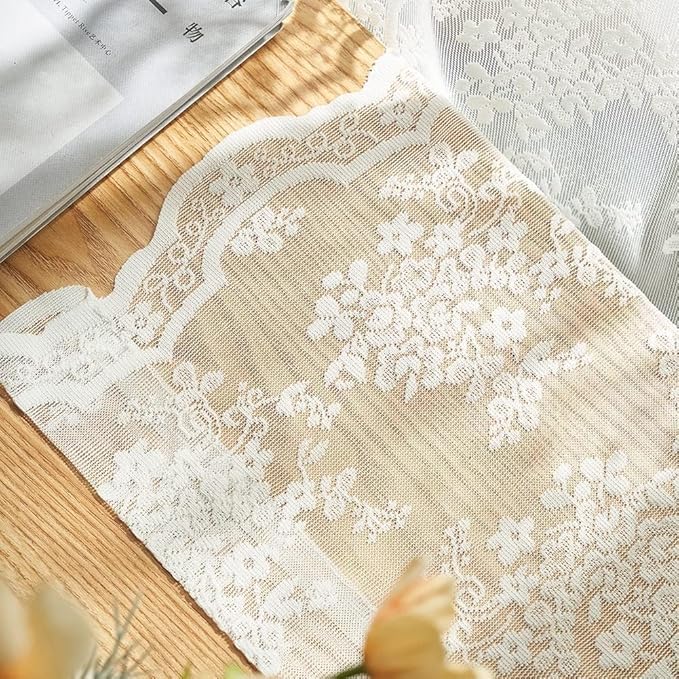 YJ YANJUN Vintage Lace Curtains 90 Inches Long for Dining Room Pair French Country Floral Sheer Curtains for Bedroom Playroom Ivory Cream Colored Boho Farmhouse Decoration 52 x 90 Off White