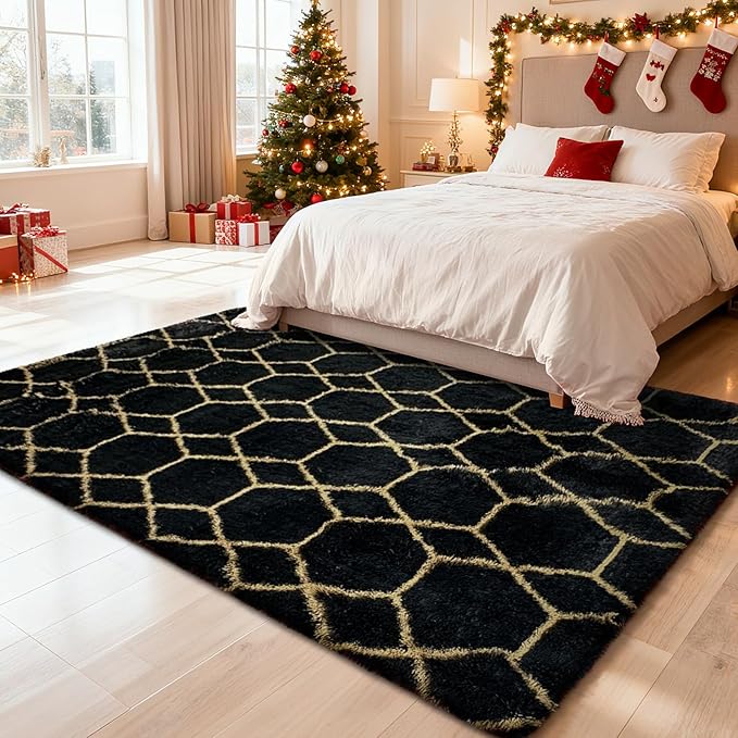 Shag Area Rug for Bedroom 5x8,Fluffy Area Rugs for Living Room,Geometric Soft Fuzzy Rug Non-Shedding Indoor Plush Carpet for Kids Bedroom Nursery Dorm Home Christmas,Black and Gold