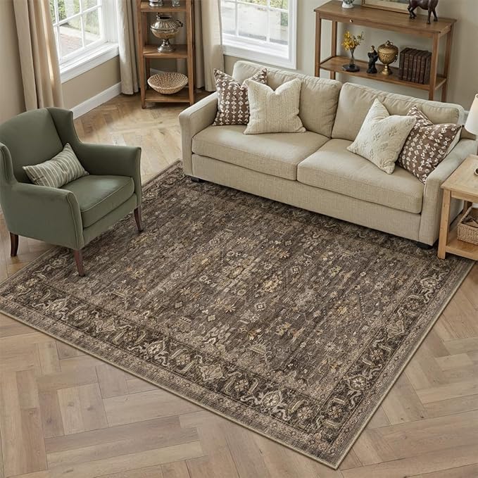 4x5 Washable Area Rug for Living Room Bedroom Vintage Brown Soft Low Pile Carpet Traditional Retro Non Slip Throw Rug for Dining Room Entryway Indoor Dorm Kitchen