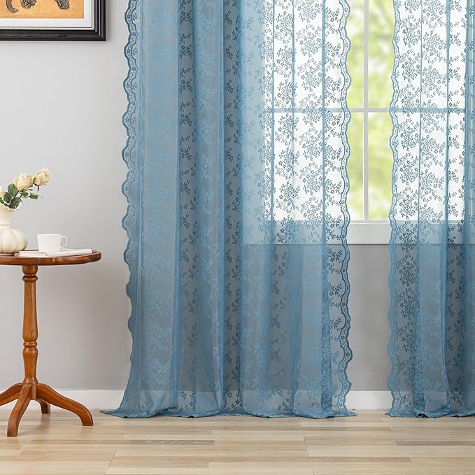YJ YANJUN Vintage Lace Curtains 84 Inch Length-Dusty Blue Floral Sheer Curtains for Bedroom Living Room Hallway Doorways 2 Panels Set Beach Coastal Decor Rod Pocket W52 X L84 inch Stone Blue 7 Ft