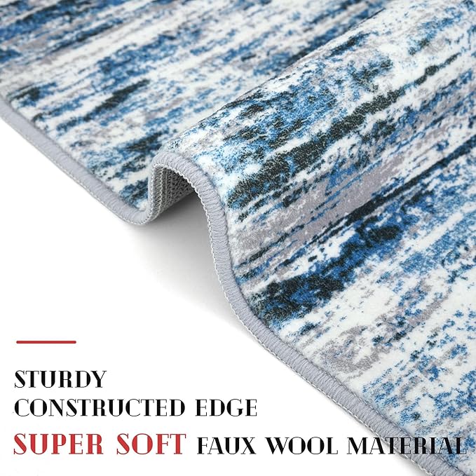Lansny Modern Abstract Small Area Rug Indoor 3x5 Washable Rug Non-Slip Soft Entryway Rug Grey Blue White Kitchen Mats Thin Print Faux Wool Floor Carpet Throw Rugs for Entrance Bedroom Home Decor