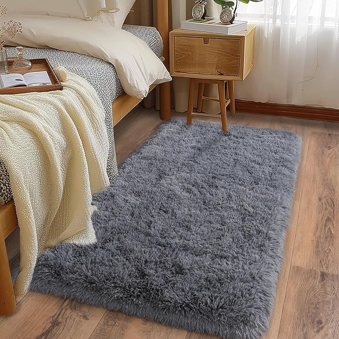 Ultra Soft Runner Rugs for Bedroom Hallways with Upgraded Non-Slip Rubber Backing & Thick Memory Sponge, 2 Packs 2x4 Feet Fluffy Shag Throw Area Rug for Bedside Dorm Dark Grey