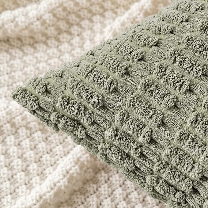 MIULEE Pack of 2 Corduroy Decorative Throw Pillow Covers 16x16 Inch Soft Boho Striped Pillow Covers Modern Farmhouse Home Decor for Summer Sofa Living Room Couch Bed Light Olive Green