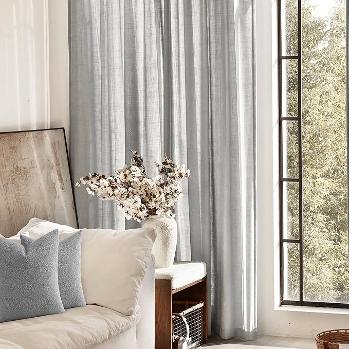 Linen Blend Grey Curtains for Living Room Back Tab Modern Farmhouse Semi Sheer Light Gray Curtains 96 inches Long 2 Panels Set Muted Neutral Cotton Texture Window Curtain for Dining Room Bedroom