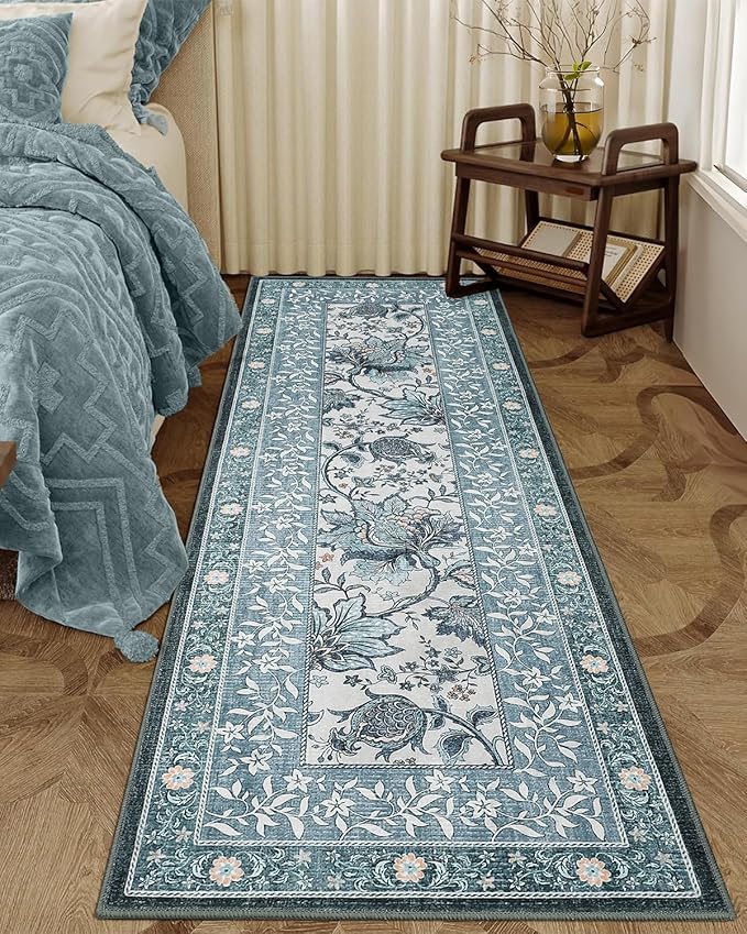 GarveeHome Provence Misty Blue 2.5 x 8 Washable Kitchen Runner Rugs Non Slip Vintage Boho Cottage Long Rug for Hallways Bedroom Entryway Bathroom Mat with Rubber Back