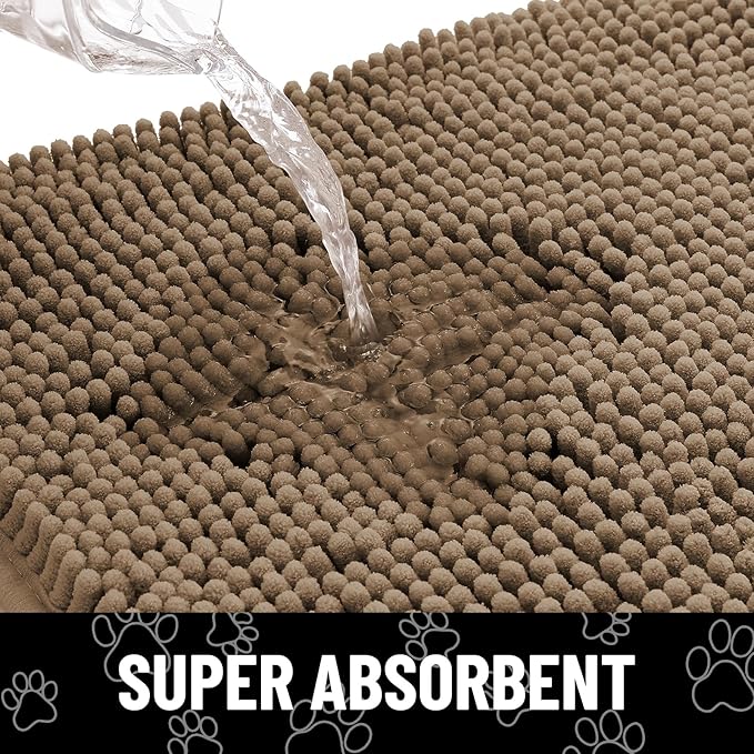 Smiry Dog Door Mat for Muddy Paws, Absorbent Dirt Trapper Non Slip Quick Dry Washable Chenille Mat for Mud Dogs, Entry Rug for Indoor and Outdoor (36x24 Inches, Camel and Black)