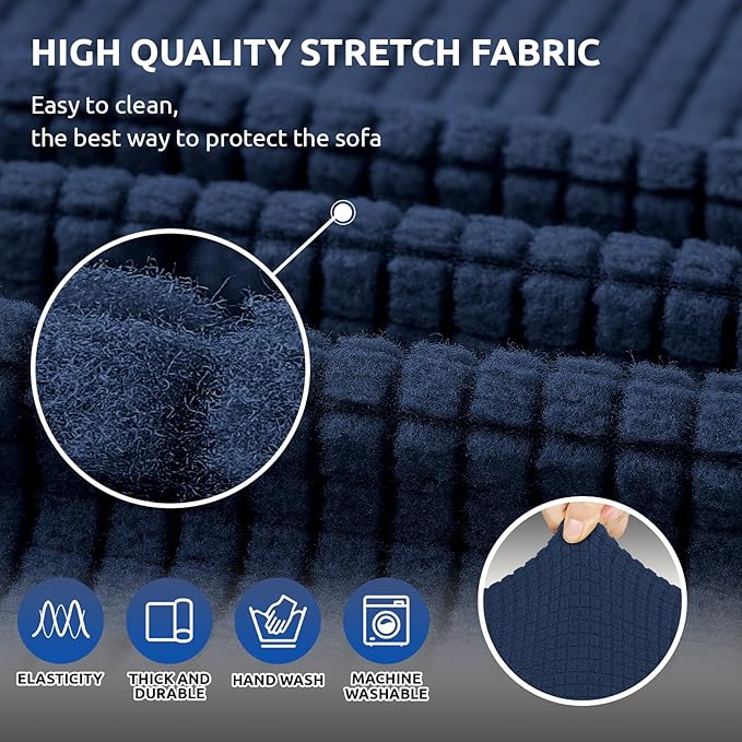 KEKUOU Stretch Loveseat Sofa Cover Slipcover,Couch Covers for 2 Cushion Couch Sofa (55"-78") Furniture Protector Sofa with Elastic Bottom for Kids,Dog. Jacquard Small Checked (Medium,Navy Blue)