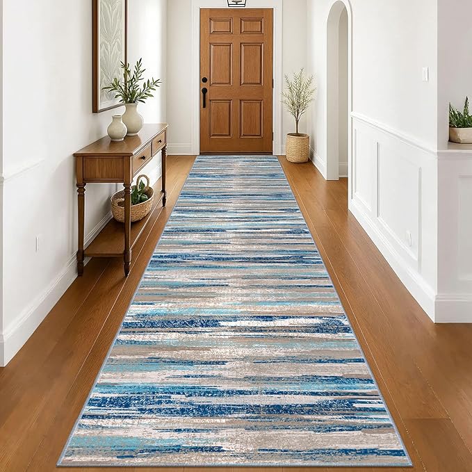Lansny Modern Abstract Runner Rug 3x16, Blue Washable Long Kitchen Runner Non-Slip Soft Hallway Rug Runner Ultra Thin Print Faux Wool Carpet for Entryway Bedroom Laundry Room Indoor Home Decor