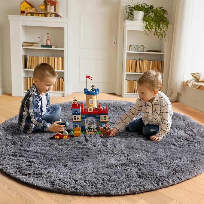 ONASAR Grey Round Rugs 8ft for Living Room, Fluffy Bedroom Circle Area Rug, Soft Plush Shaggy Carpet for Kids Girls Boys Teen Nursery Dorm Classroom Playroom Home Decor Aesthetic