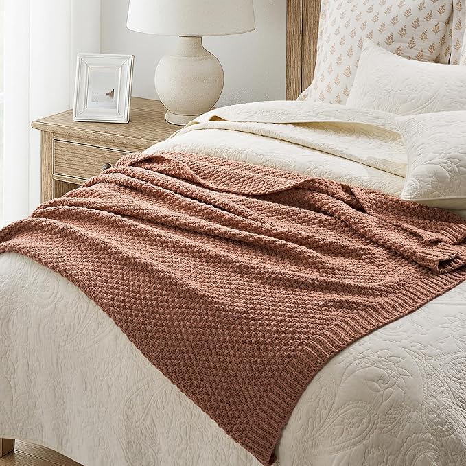 EVERGRACEHOME Chunky Chenille Knit Throw Blanket for Couch, Soft Luxurious Moss Stitch Blankets for Bed, Cozy Decorative Farmhouse Knitted Throws for Sofa, Terracotta Clay, 50" x 60"