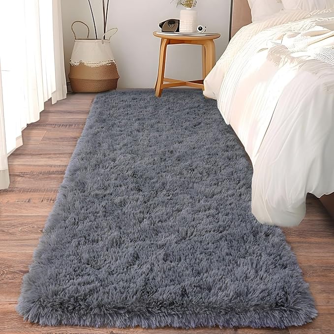 Ultra Soft Runner Rugs for Bedroom Hallways with Upgraded Non-Slip Rubber Backing & Thick Memory Sponge, 2x5 Feet Fluffy Shag Throw Area Rug for Bedside Dorm Dark Grey