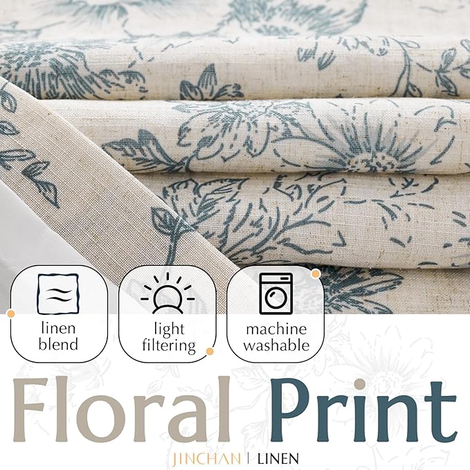 jinchan Lined Linen Blend Curtain Floral Curtains for Living Room 63 Inch Length Blue Peony Flower Printed Curtain Rod Pocket Back Tab Farmhouse Patterned Drapes Bedroom Window Curtains Set 2 Panels