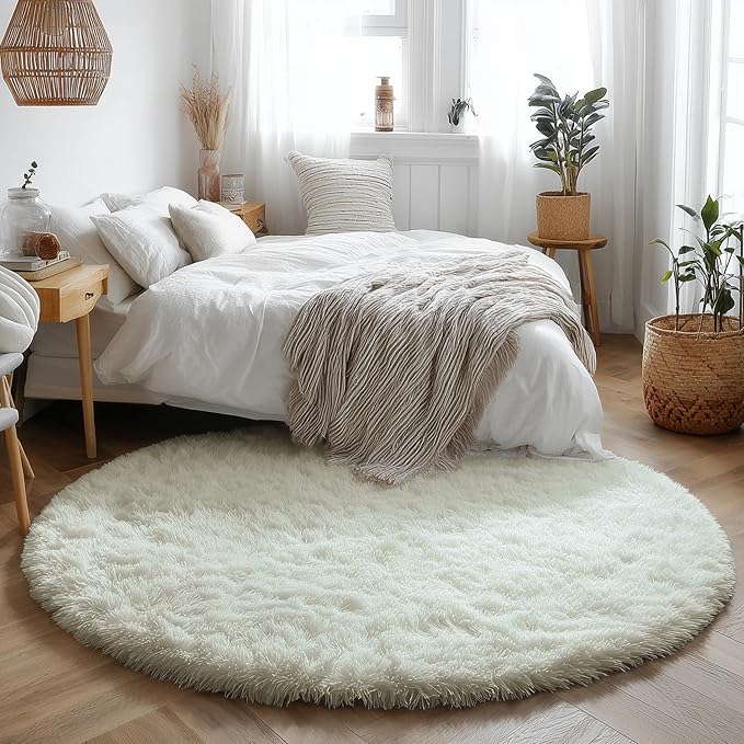 Amdrebio Ivory White Round Rug 5Ft for Bedroom Living Room Aesthetic, Neutral Fluffy Fuzzy Circle Area Rugs for Kids Room Playroom, Circular Plush Soft Shaggy Cream Carpet for Dorm Teen Baby Nursery