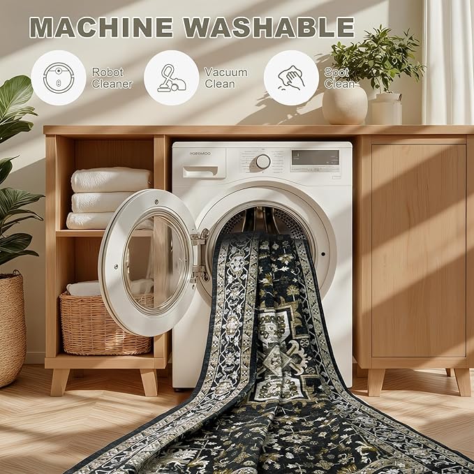 6x9 Area Rugs Living Room Rug: Washable Vintage Boho Medallion Rug No Slip Stain Resistant Soft Carpet Indoor Large Carpets for Bedroom Dining Room Farmhouse Nursery Hallway Home Office Black Gold