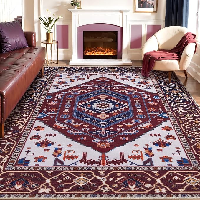 SERISSA Washable Rugs 8x10 Area Rugs, Large Non-Slip Boho Living Room Rug, Ultra Soft Oriental Vintage Burgundy Navy Print Distressed Carpet for Dining Room Bedroom Dorm Office Home Decor