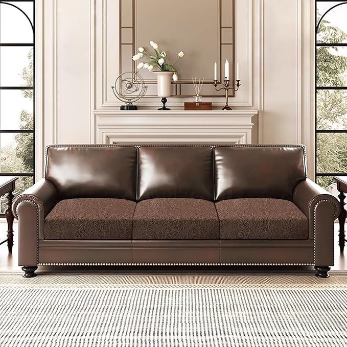 Leather Look Couch Cushion Covers Sofa Seat Slipcovers Sets Couches Furniture Protector for Sectional Armchair Loveseat Pets Kids Stretch Spandex Fabric (3 Cushion Sofa, Brown)