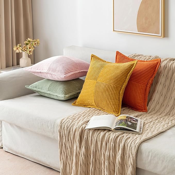 MIULEE Spring Decorative Throw Pillow Covers for Couch Bed Livingroom 18x18 Inch Set of 2 Pink Boho Accent Throw Pllows Broadside Striped Patchwork Soft Corduroy Pillowcases Valentine Decor
