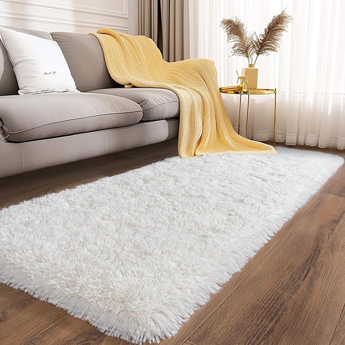 Ultra Soft Runner Rugs for Bedroom Hallways with Upgraded Non-Slip Rubber Backing & Thick Memory Sponge, 2x6 Feet Fluffy Shag Throw Area Rug for Bedside Dorm Cream