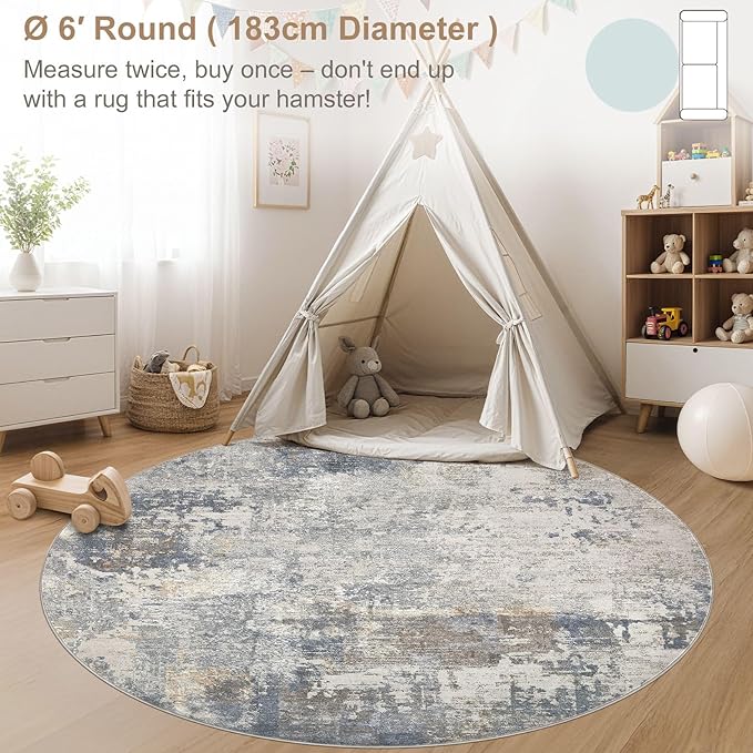 UERMEI 6ft Round Area Rug Living Room Rugs - 6x6 Washable Neutral Modern Abstract Soft Thin Rug Indoor Floor No Slip Rug Carpet for Bedroom Under Dining Table Home Office Decor - Blue Grey