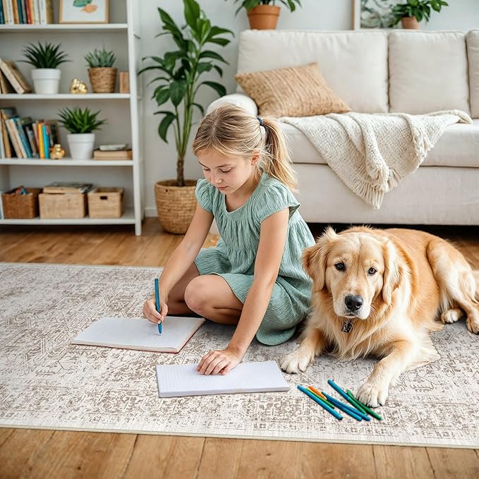4x8 Washable Hallway Runner Rug - Wide Kitchen Runners Vintage Low Pile Carpet Soft Thin Floor Runner with Rubber Backing for Entryway Bedroom Living Room Home Decor (Cream/Camel)