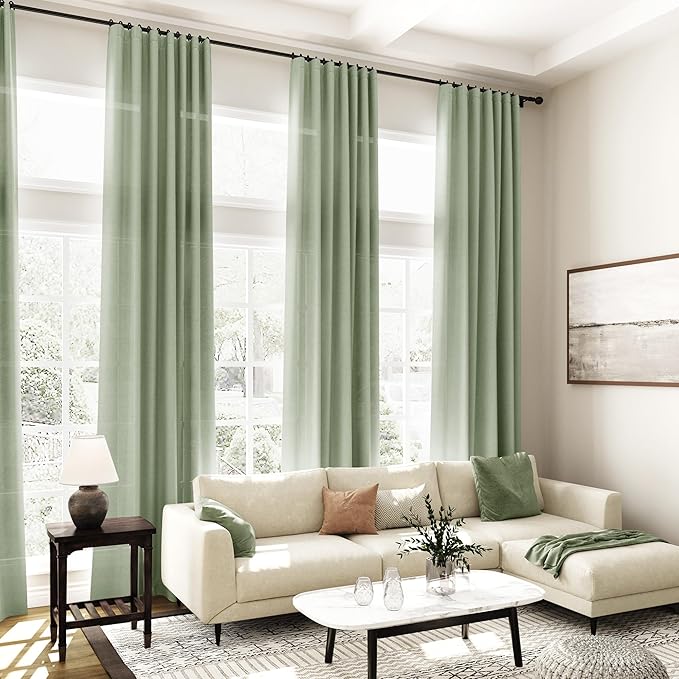 Extra Long Light Sage Linen Curtains 120 Inch for Living Room 2 Panels Set Rod Pocket Back Tab Soft Linen Window Drapes Semi Sheer Light Filtering Privacy High Ceiling Drapes for Farmhouse 52x120